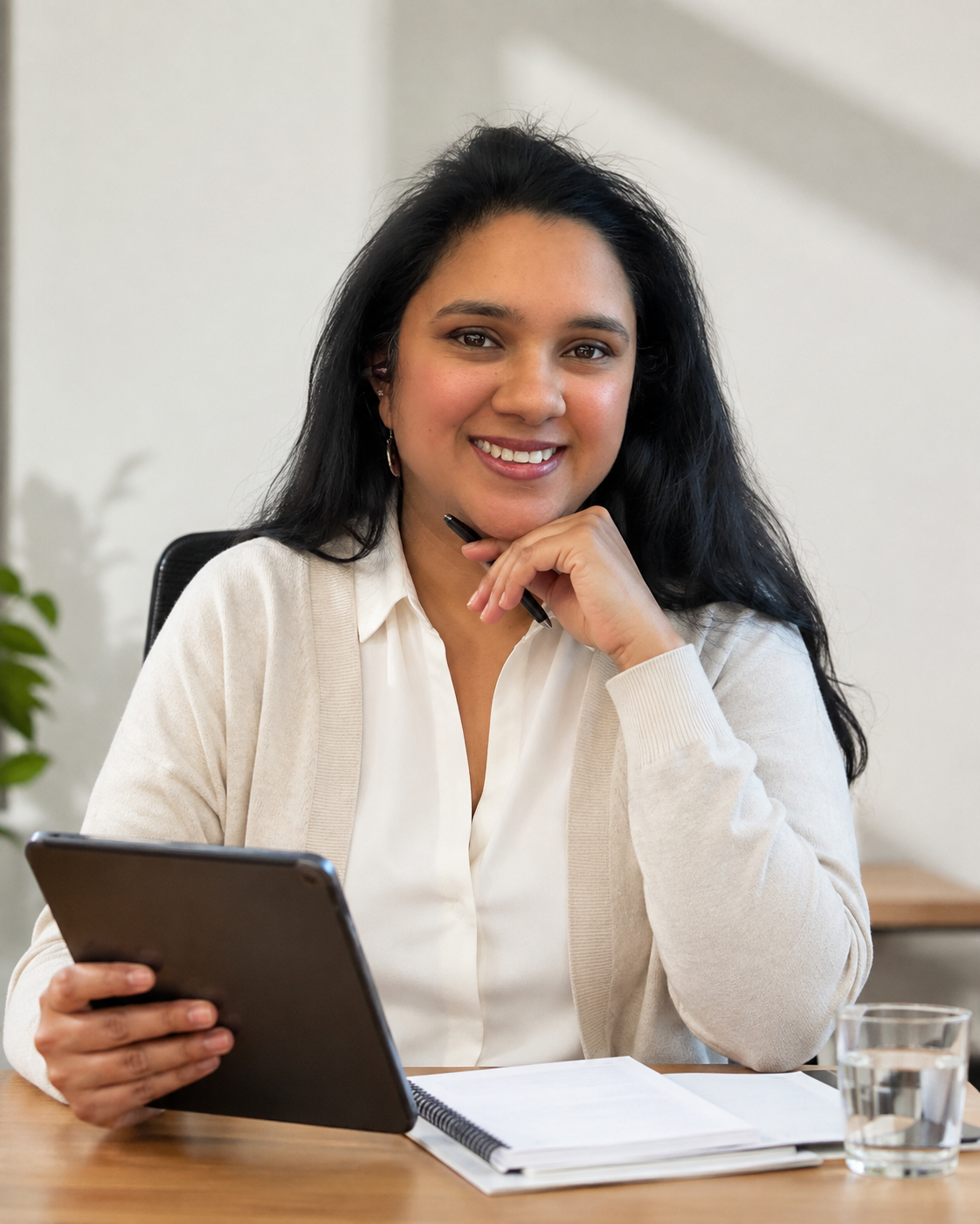 Srividya, counsellor, at her desk with a tablet and notebook